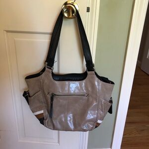 Taupe Leather Tote with Black Handles